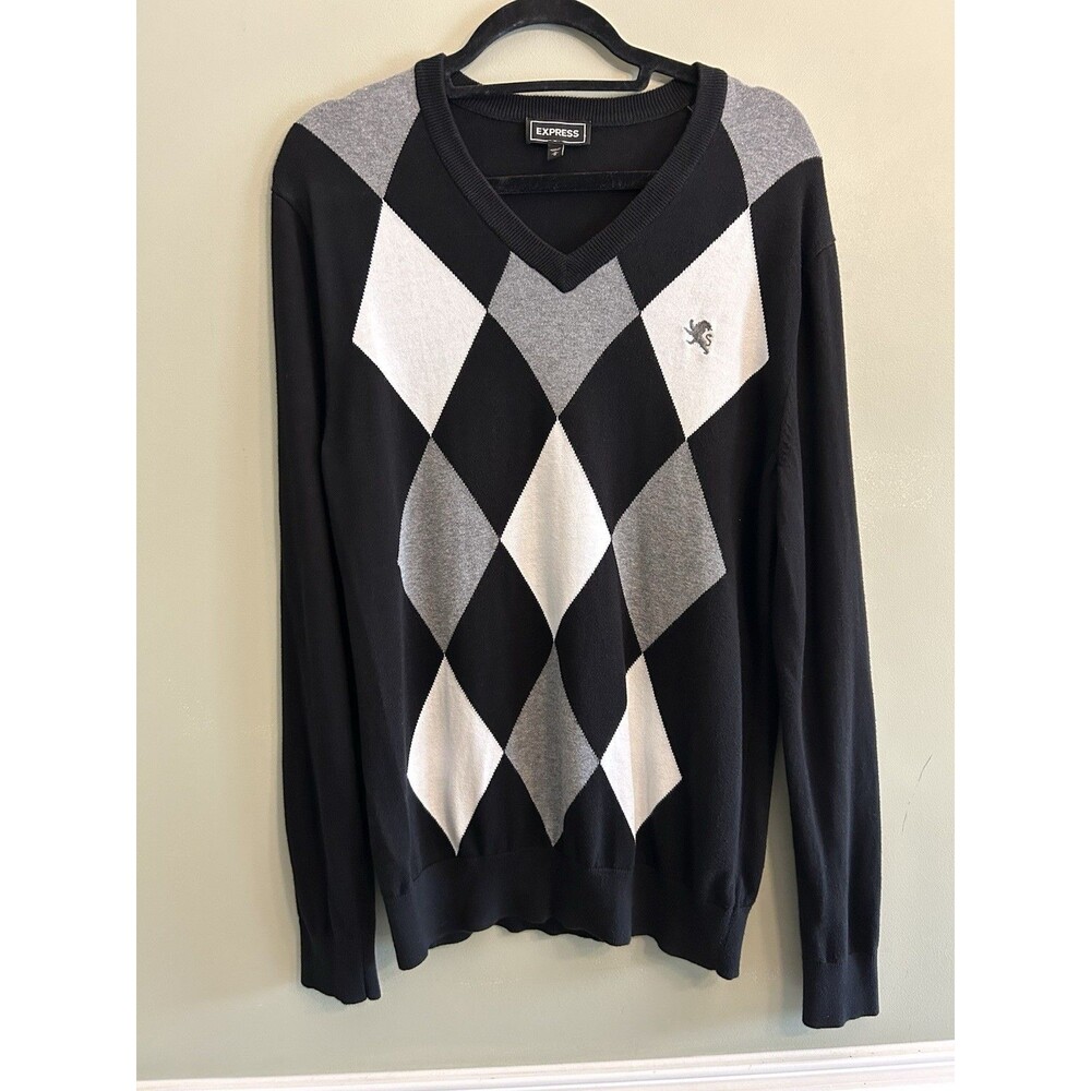 Express Argyle V-Neck Sweater Black Gray White